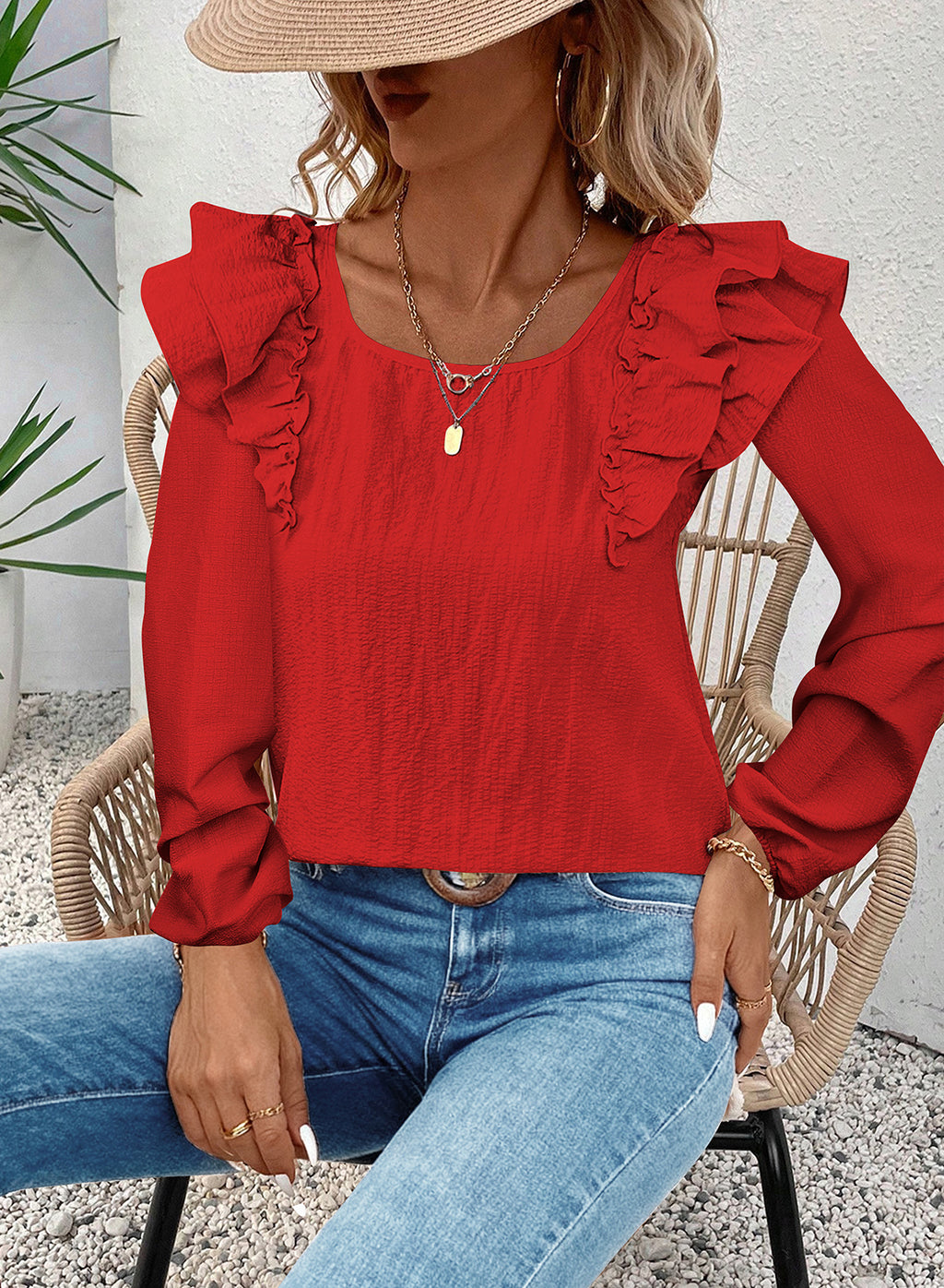 Womens Bow Tie Back Tops Square Neck Long Ruffle Sleeve T-Shirts