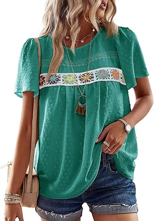 Womens Summer Tops Short Sleeve Shirts Floral Crochet Chiffon Blouses Swiss Dot Clothing
