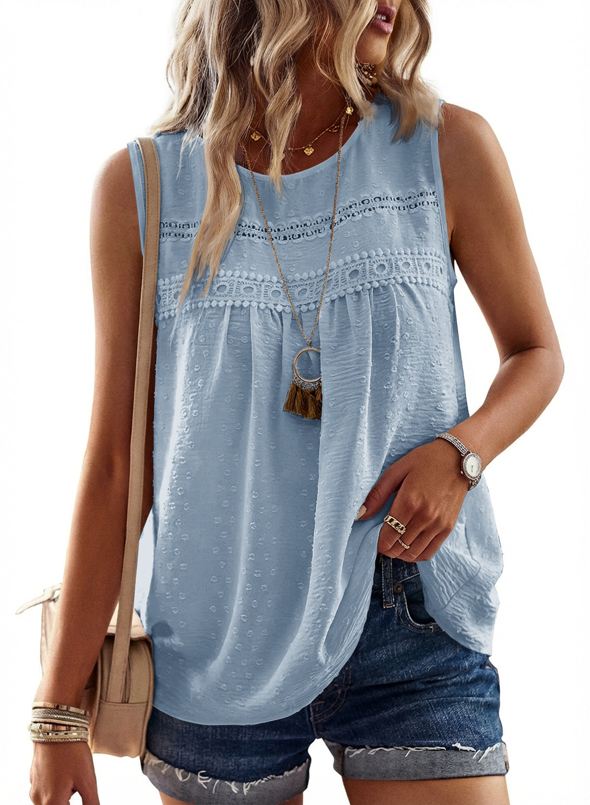 Womens Summer Tops Boho Shirts Crewneck Sleeveless Tank Tops Flowy Lace Hem Casual Blouses