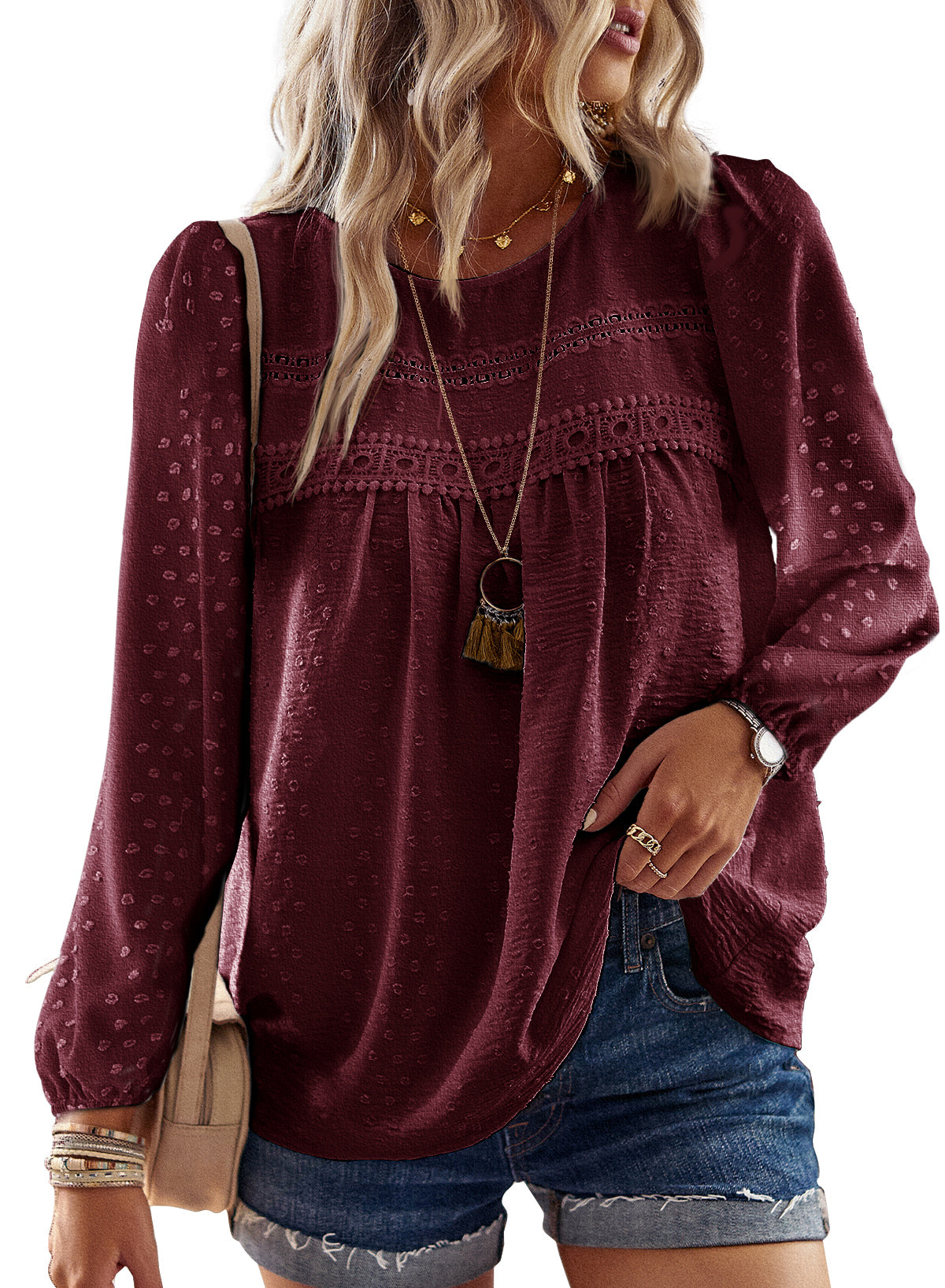 Boho Tops for Women Long Sleeve Shirts Crewneck Flowy Blouses Lace Hem Clothing