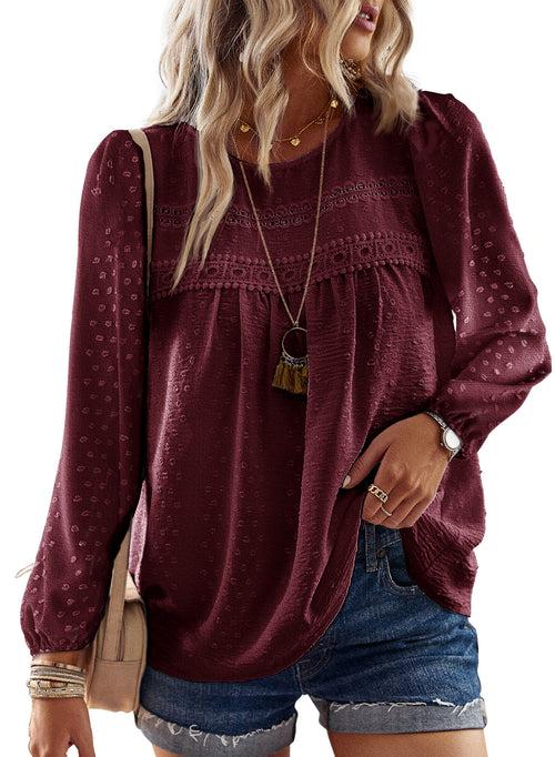 Boho Tops for Women Long Sleeve Shirts Crewneck Flowy Blouses Lace Hem Clothing