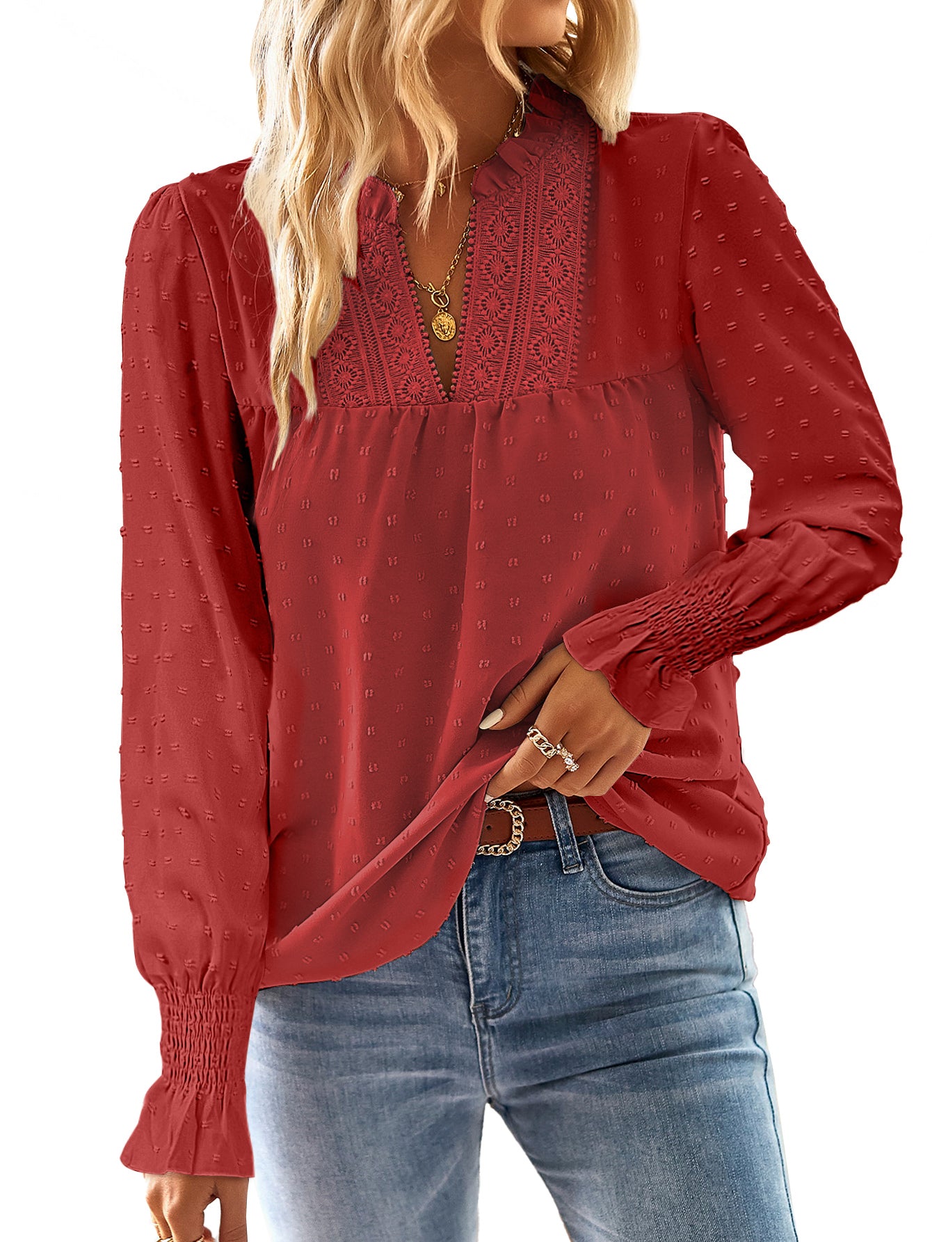 Boho Tops for Women V Neck Blouses Flowy Swiss Dot Lace Long Sleeve Shirts
