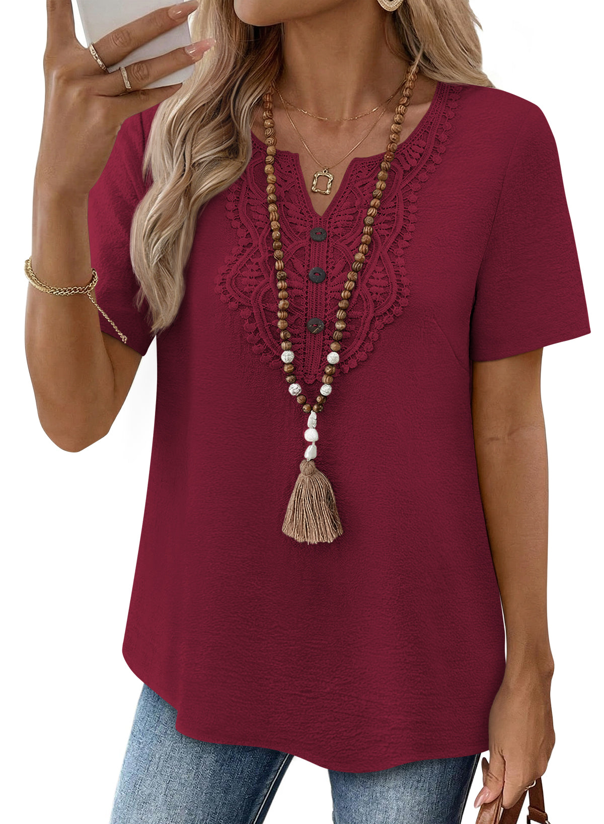 Womens Summer Tops Short Sleeve Boho Blouses Casual Lace V Neck Button Shirts