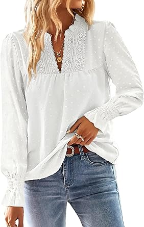 Boho Tops for Women V Neck Blouses Flowy Swiss Dot Lace Long Sleeve Shirts