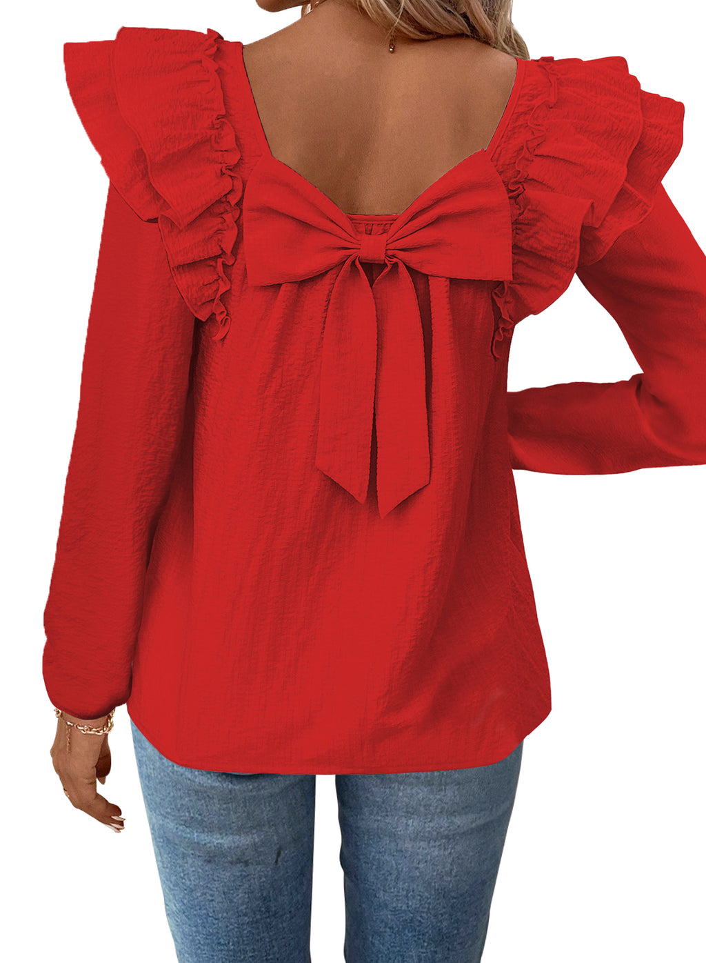 Womens Bow Tie Back Tops Square Neck Long Ruffle Sleeve T-Shirts