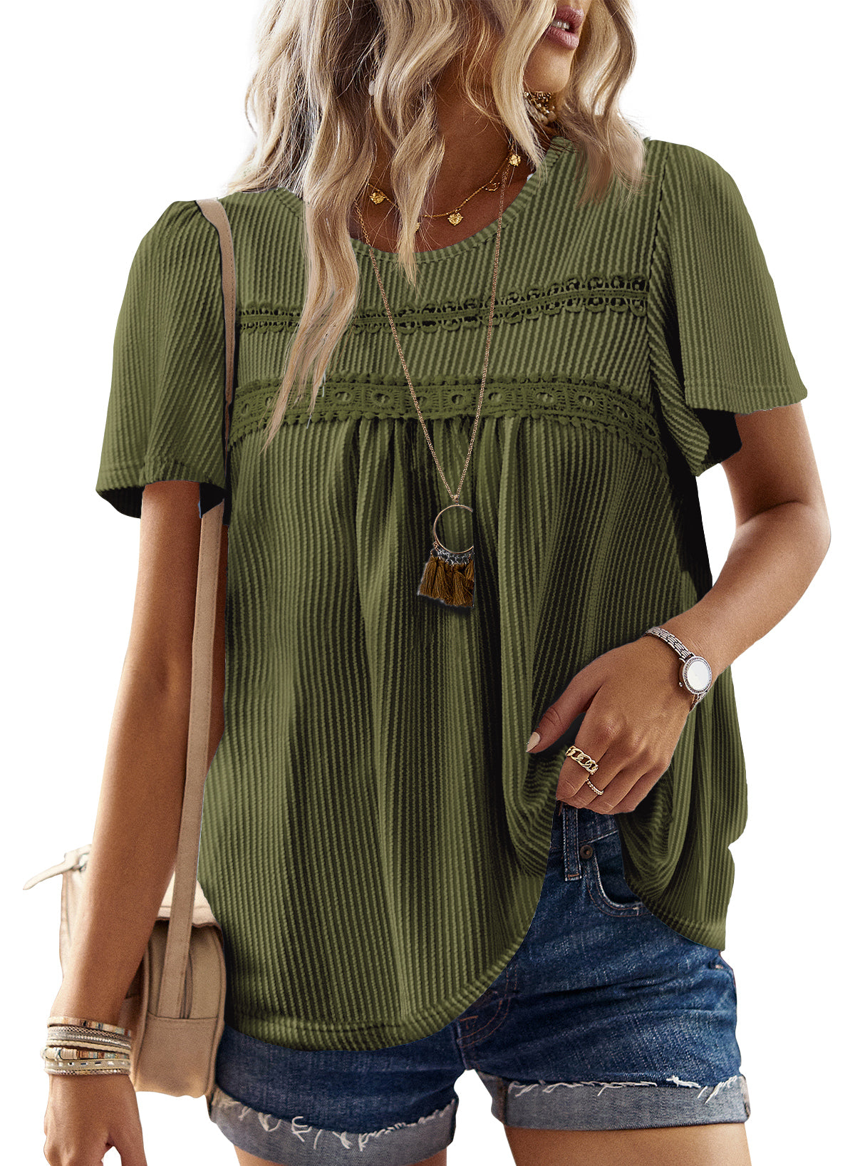 Womens Summer Tops Crewneck Short Sleeve Striped Shirts Casual Ribbed Blouses