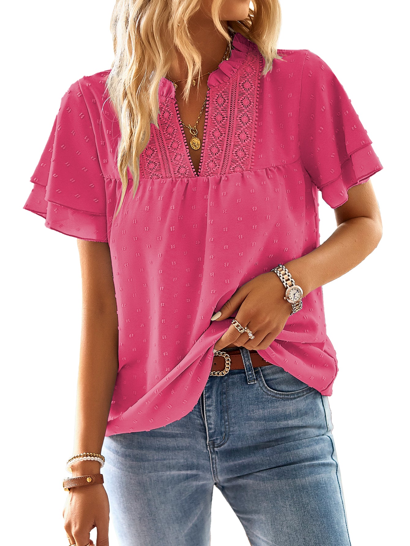 Womens Tops Butterfly Sleeve V Neck Blouses Swiss Dot Flowy Ruffle Short Sleeve Shirts