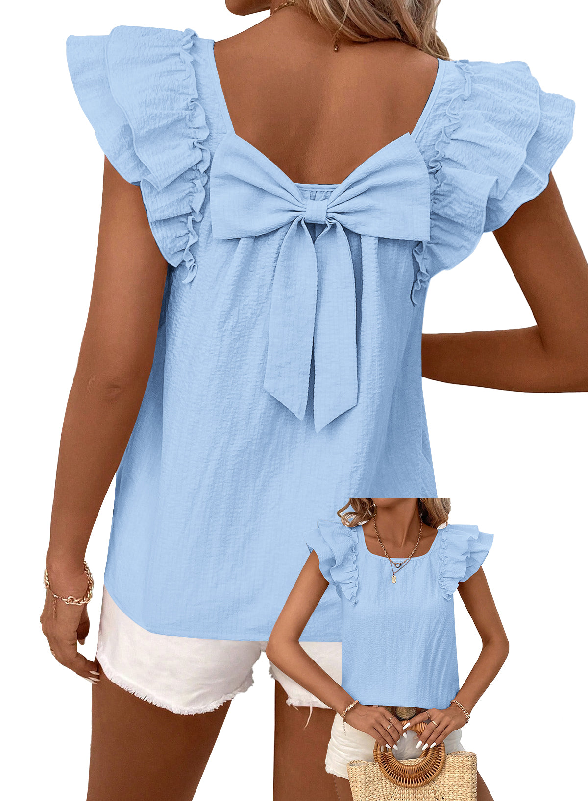 Womens Bow Tie Back Tops Ruffle Short Sleeve Shirts Cute Babydoll Chiffon Tee