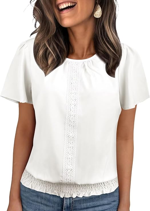 Womens Summer Tops Scoop Neck Ruffle Sleeve Shirts