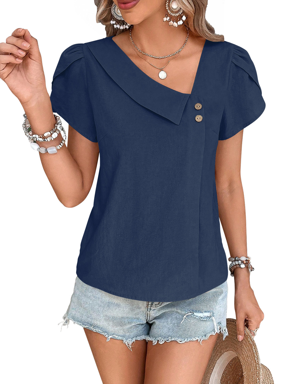 Blouses for Women Dressy Casual Petal Sleeve V Neck Asymmetric Collar Summer Tops
