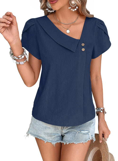 Blouses for Women Dressy Casual Petal Sleeve V Neck Asymmetric Collar Summer Tops