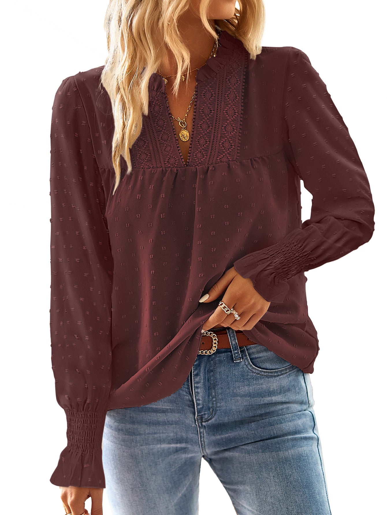 Boho Tops for Women V Neck Blouses Flowy Swiss Dot Lace Long Sleeve Shirts