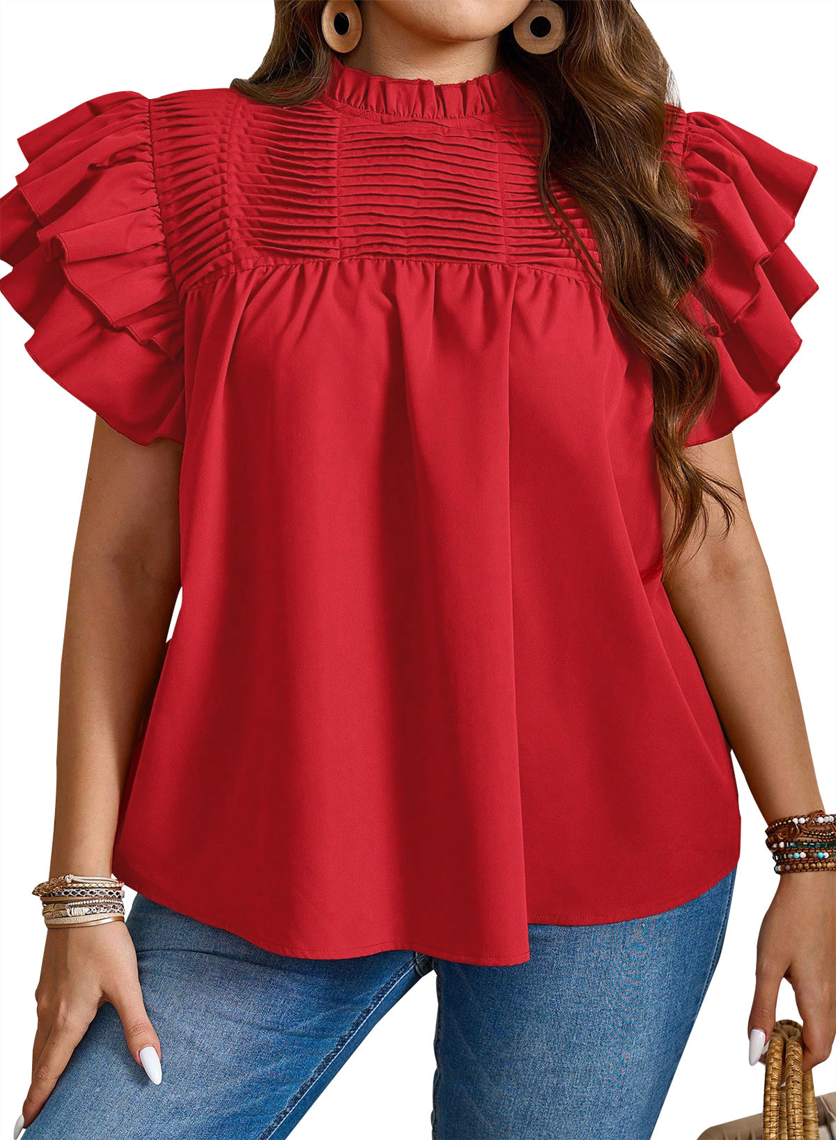 Womens Summer Tops Plus Size Ruffle Sleeve Blouses Dressy Casual Mock Neck