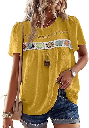 Womens Summer Tops Short Sleeve Shirts Floral Crochet Chiffon Blouses Swiss Dot Clothing