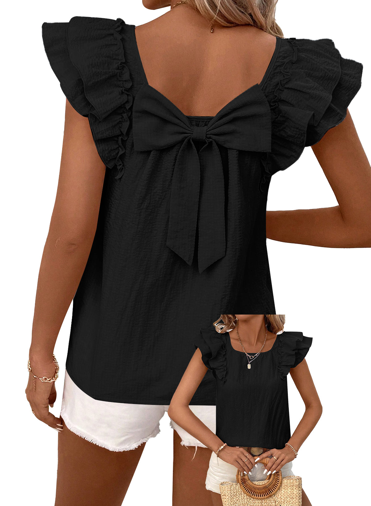 Womens Bow Tie Back Tops Ruffle Short Sleeve Shirts Cute Babydoll Chiffon Tee