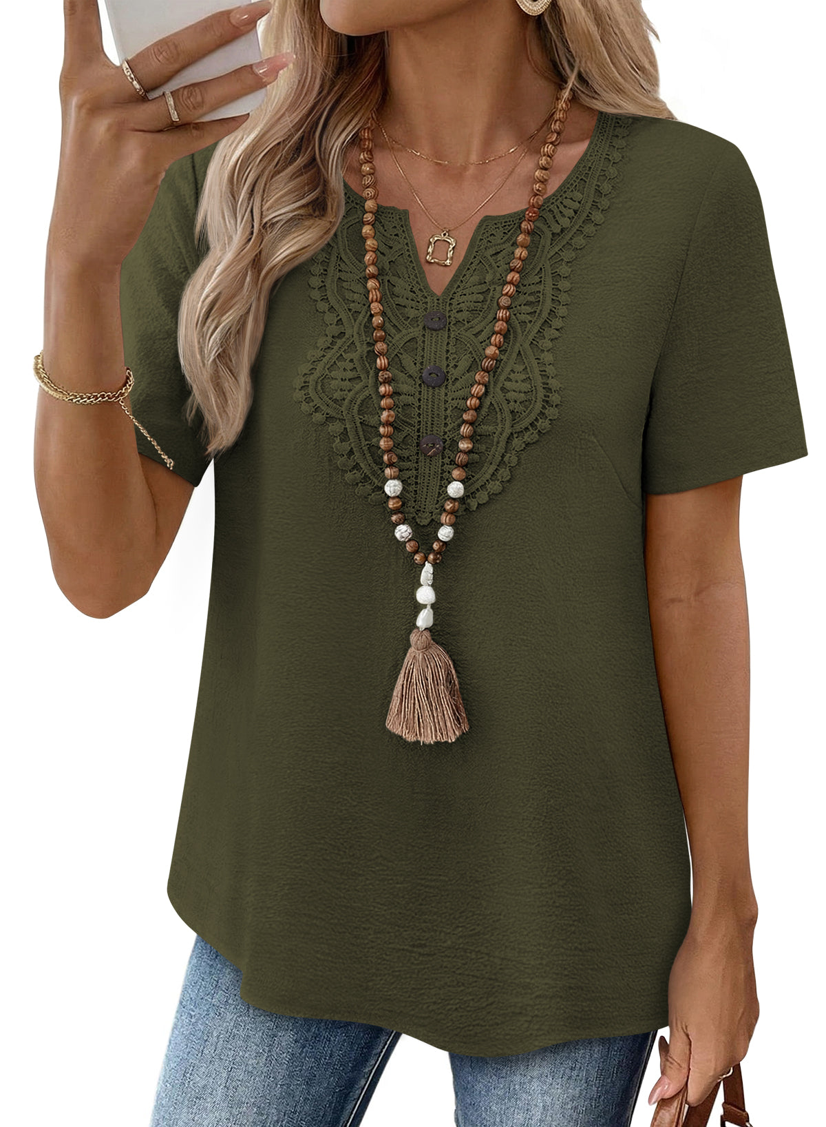 Womens Summer Tops Short Sleeve Boho Blouses Casual Lace V Neck Button Shirts
