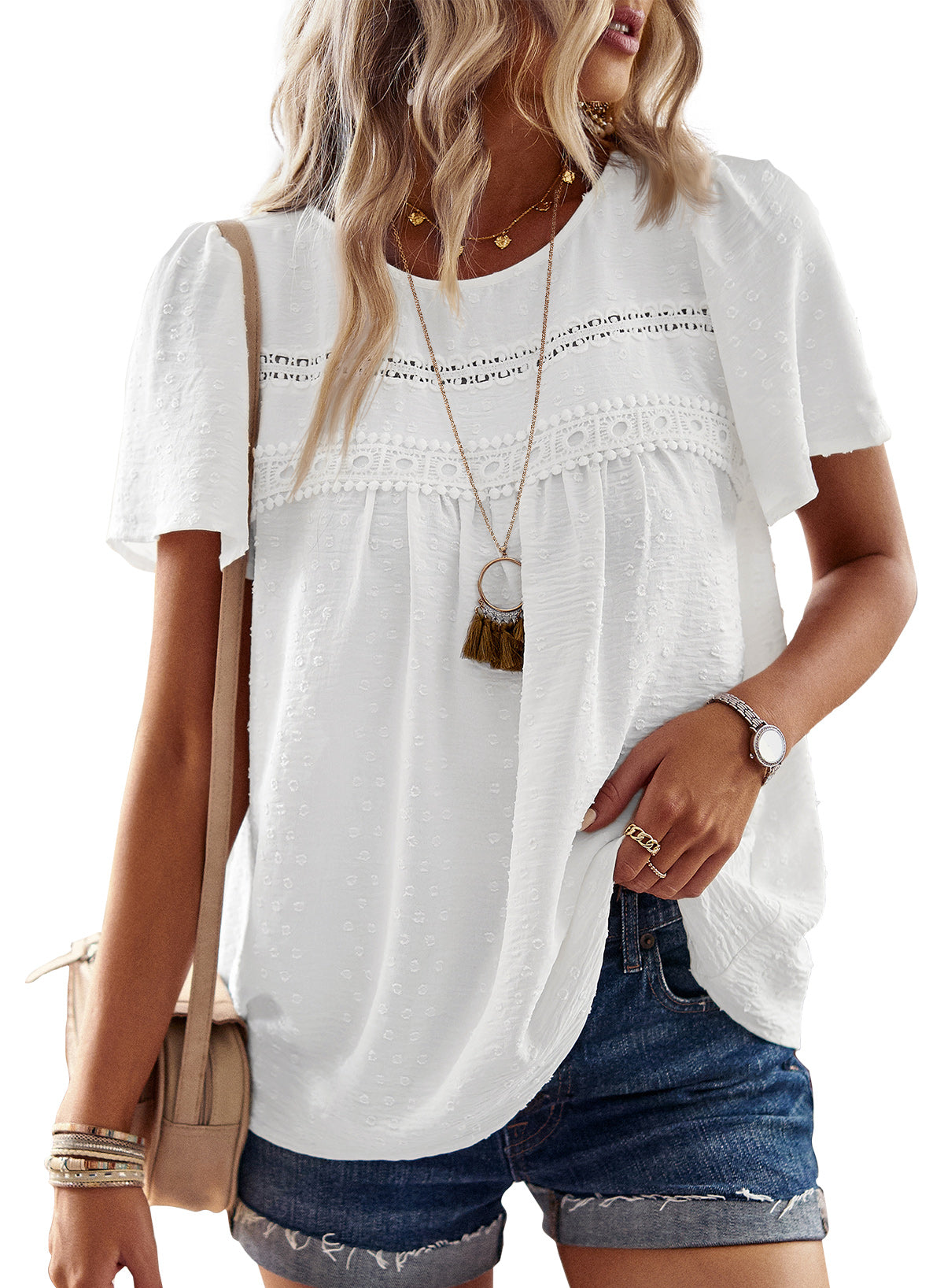 Womens Summer Tops Crewneck Short Sleeve Shirts Flowy Lace Hem Casual Chiffon Blouses