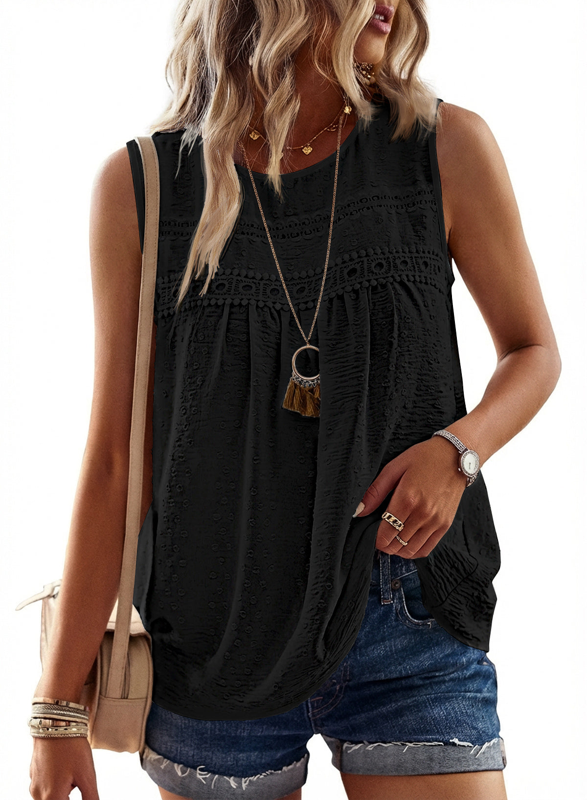 Womens Summer Tops Boho Shirts Crewneck Sleeveless Tank Tops Flowy Lace Hem Casual Blouses