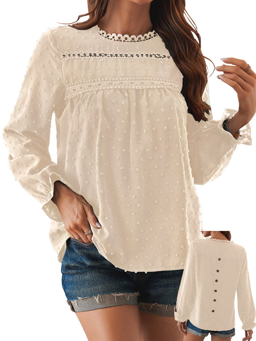 Womens Boho Tops Long Sleeve Shirts For Women Swiss Dot Cute Crewneck Blouse