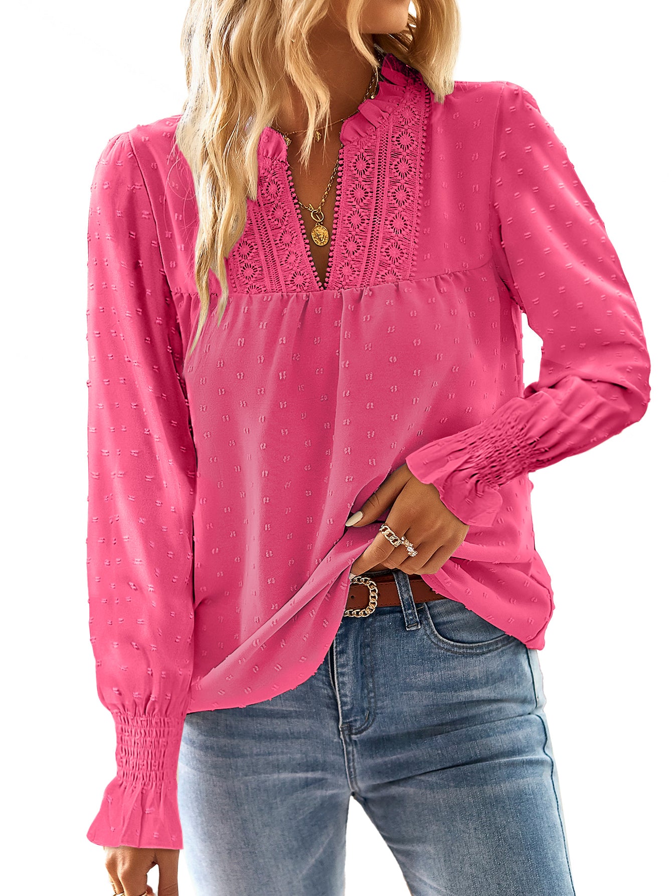 Boho Tops for Women V Neck Blouses Flowy Swiss Dot Lace Long Sleeve Shirts