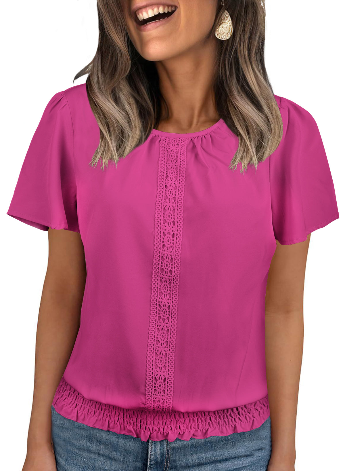 Womens Summer Tops Scoop Neck Ruffle Sleeve Shirts