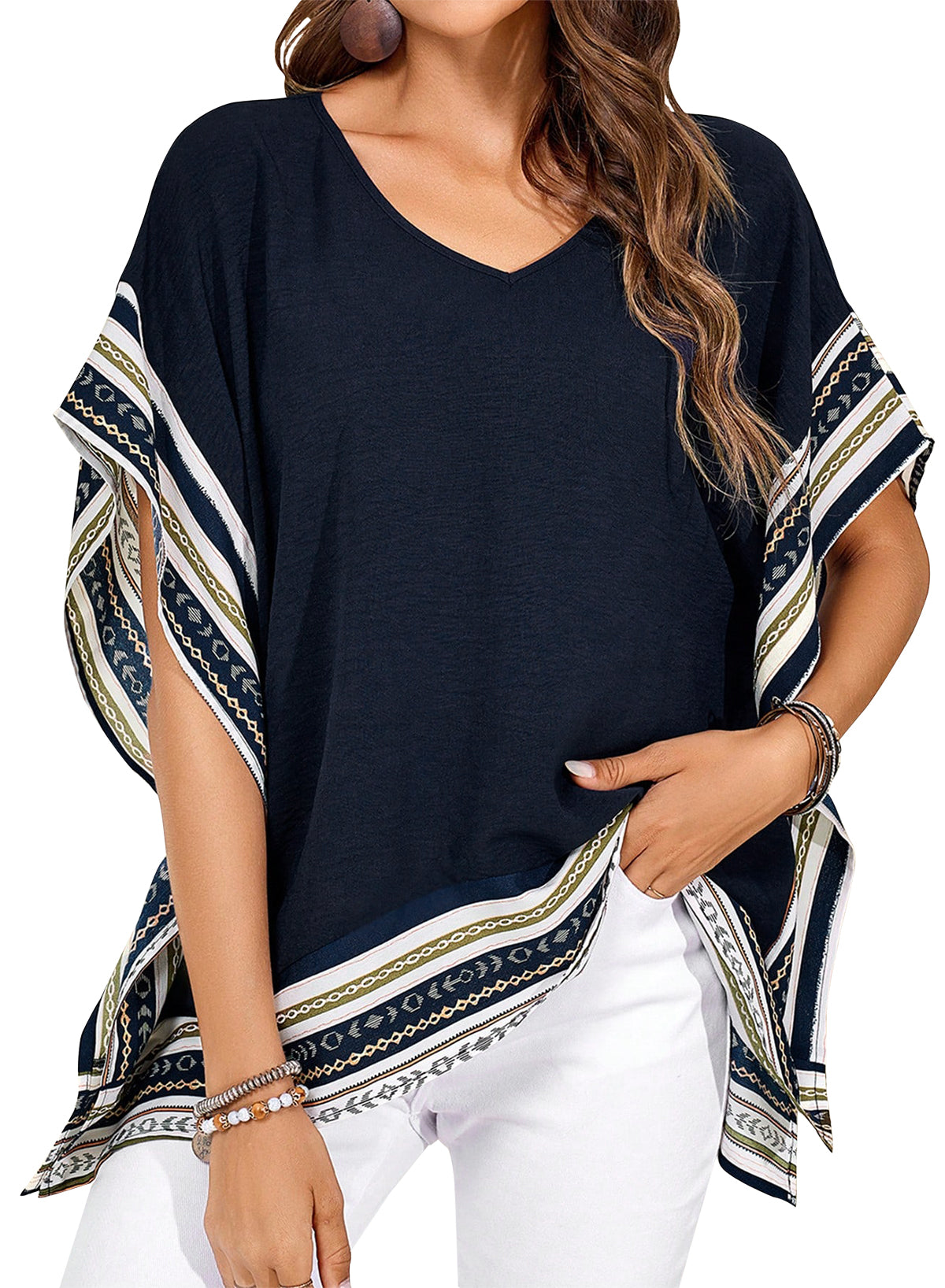 Women's Casual V Neck Floral Tops Batwing Sleeve Blouse Loose Fitting Shirts