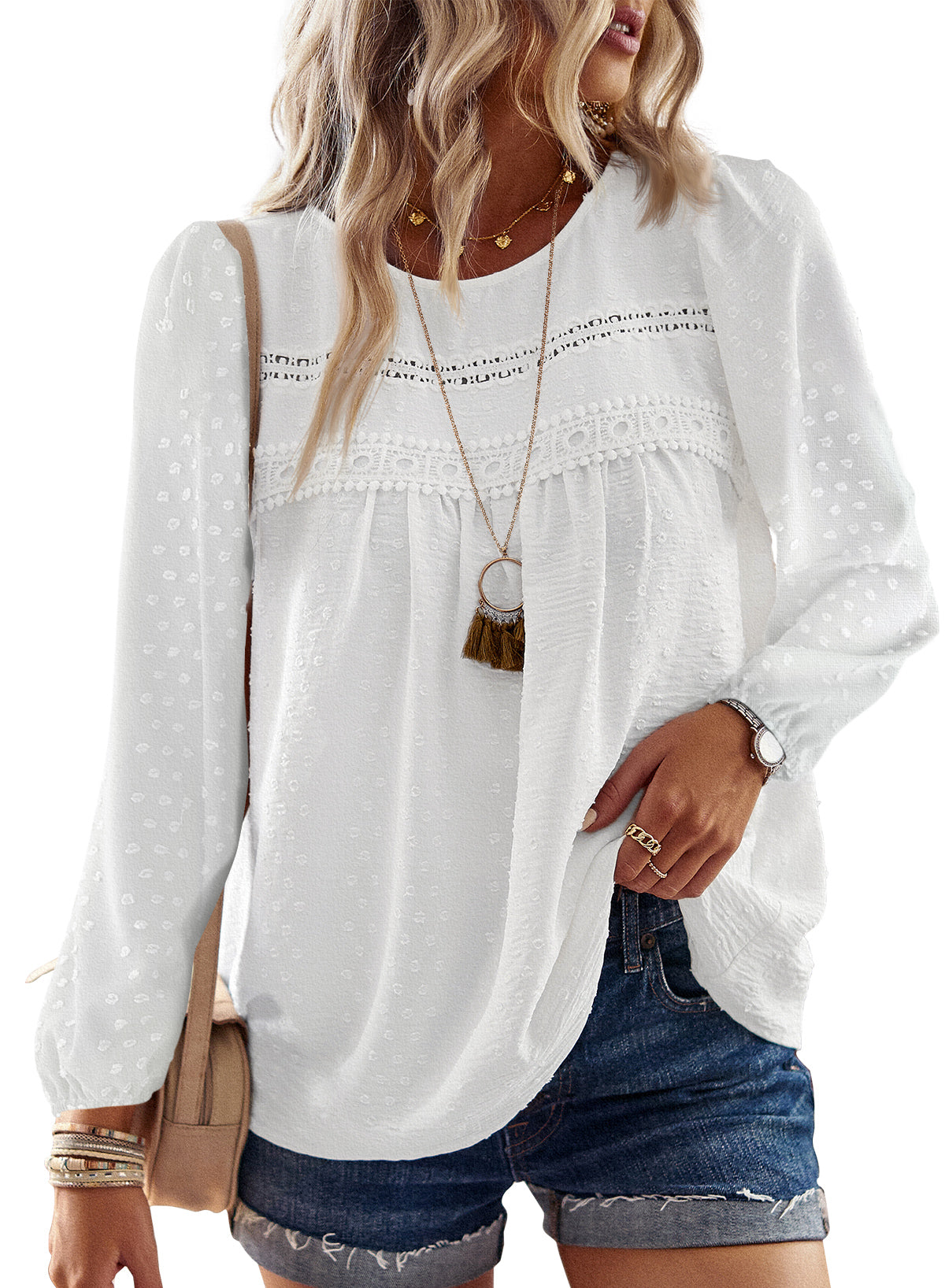 Boho Tops for Women Long Sleeve Shirts Crewneck Flowy Blouses Lace Hem Clothing
