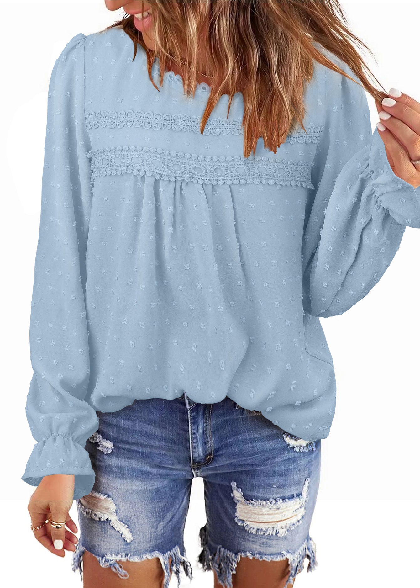 Womens Boho Tops Long Sleeve Shirts For Women Swiss Dot Cute Crewneck Blouse