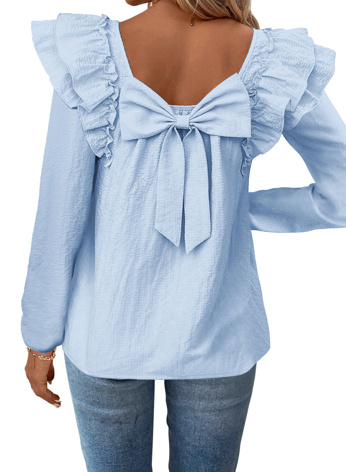 Womens Bow Tie Back Tops Square Neck Long Ruffle Sleeve T-Shirts