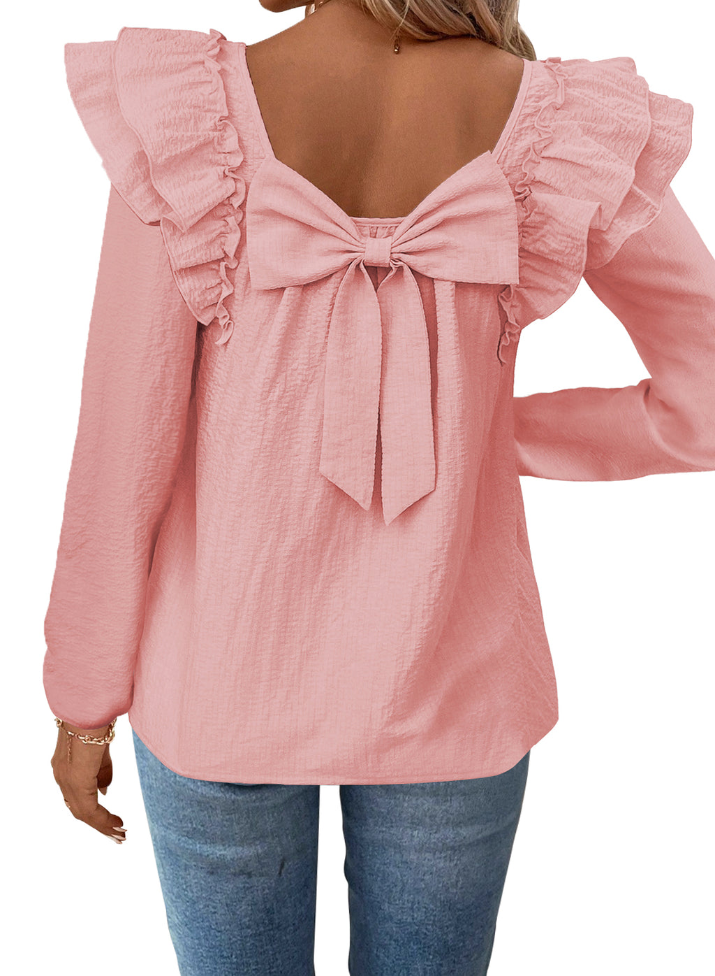 Womens Bow Tie Back Tops Square Neck Long Ruffle Sleeve T-Shirts