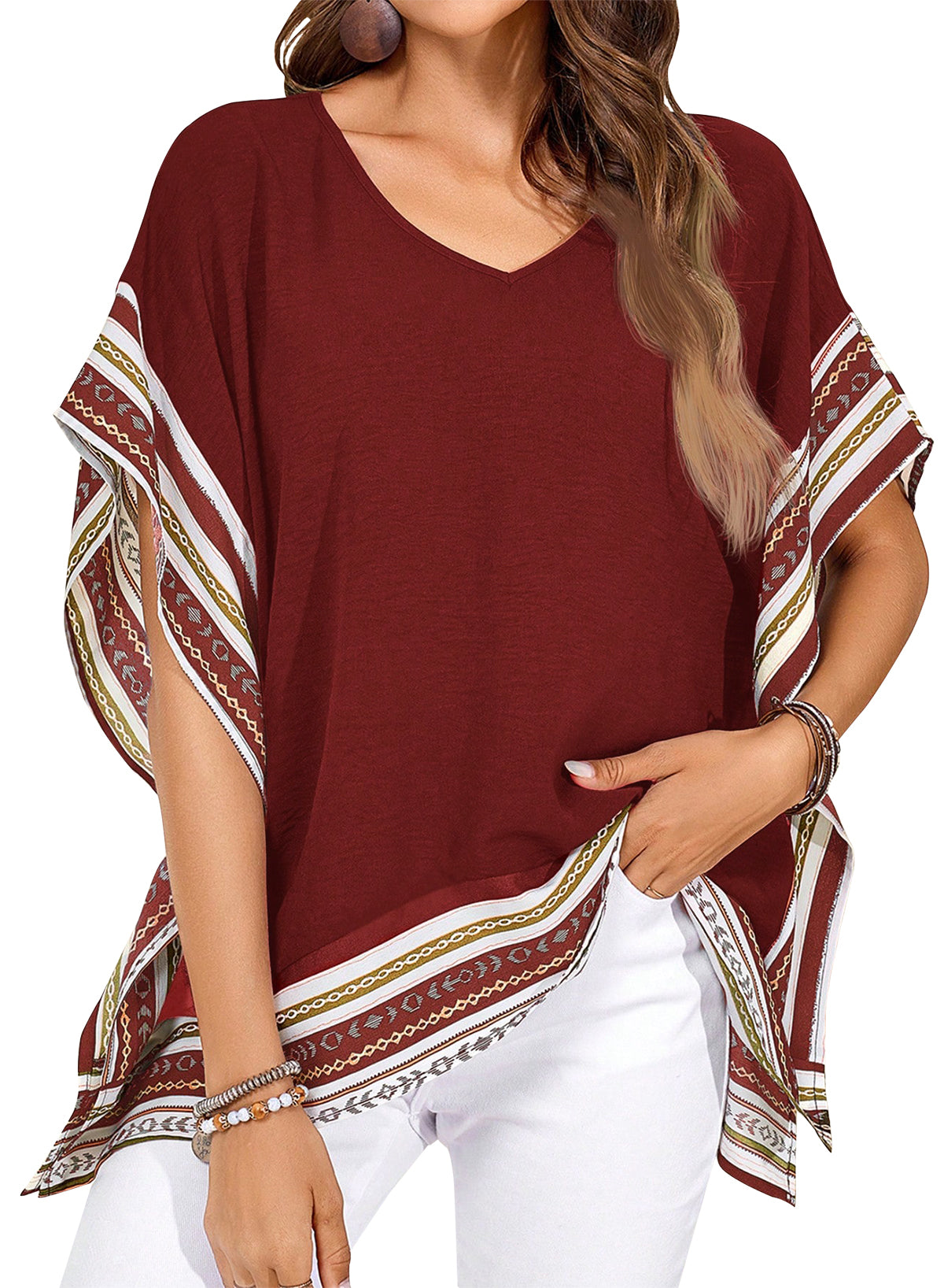 Women's Casual V Neck Floral Tops Batwing Sleeve Blouse Loose Fitting Shirts