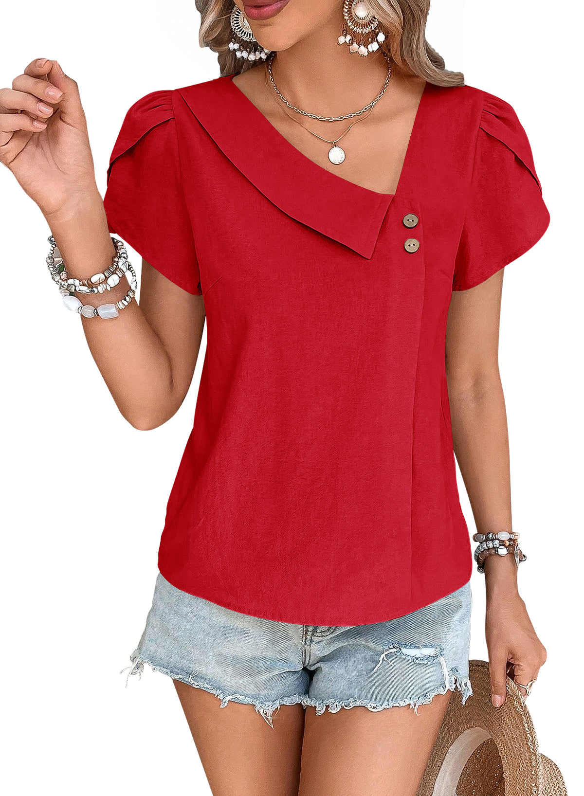 Blouses for Women Dressy Casual Petal Sleeve V Neck Asymmetric Collar Summer Tops