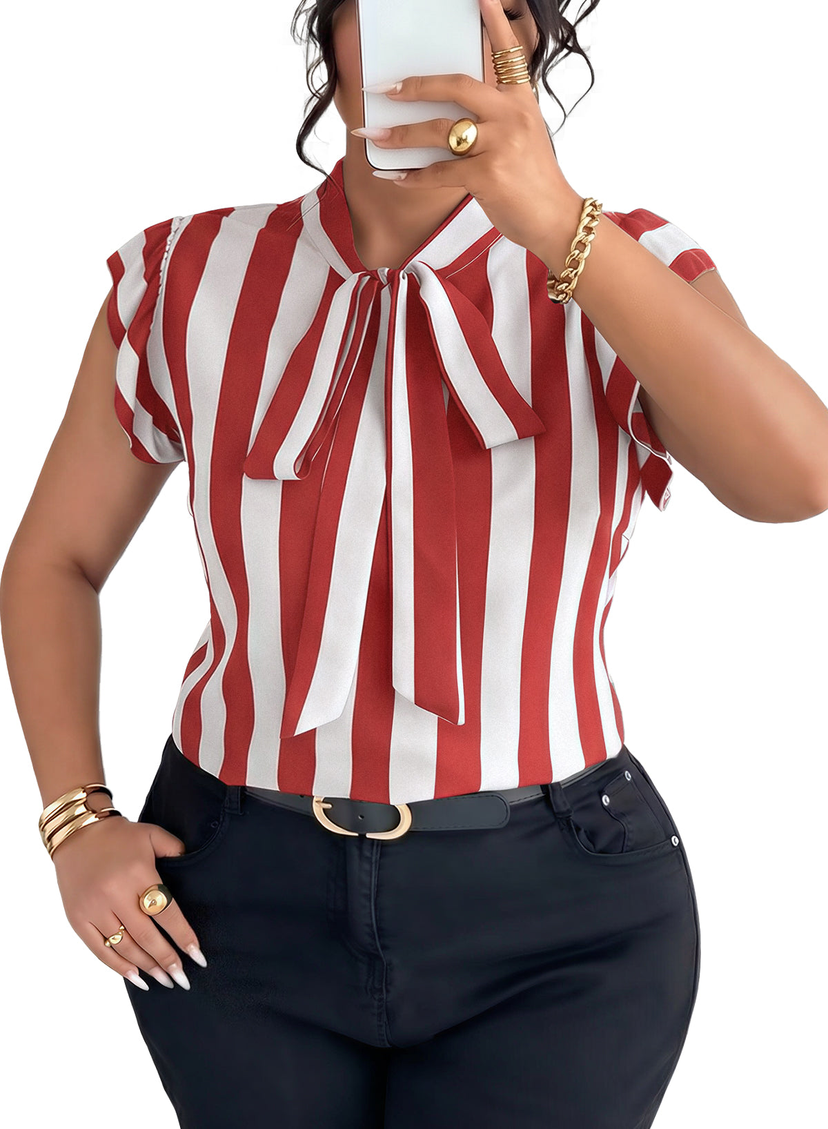 Women's Vertical Striped Tie Neck Blouses Ruffle Cap Sleeve Summer Work Tops