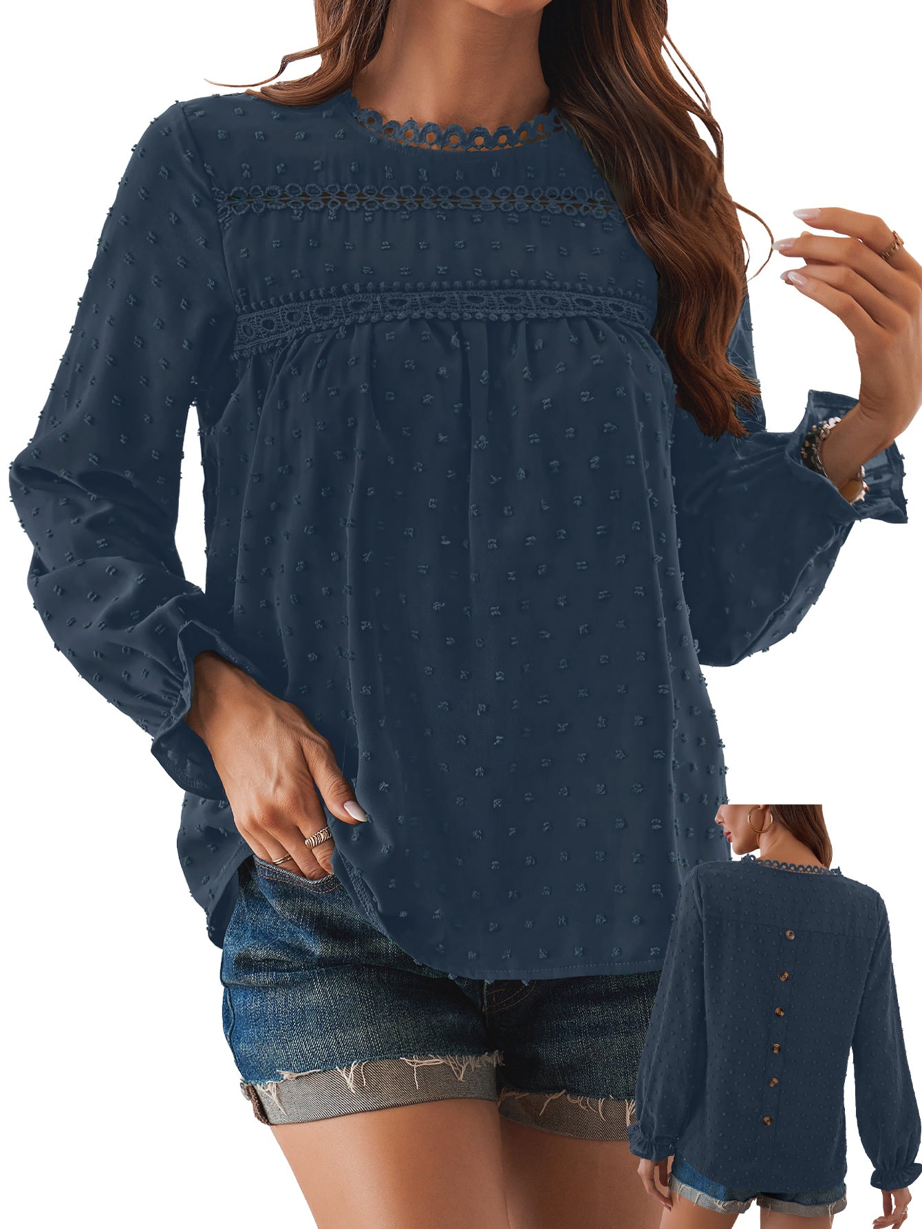 Womens Boho Tops Long Sleeve Shirts For Women Swiss Dot Cute Crewneck Blouse