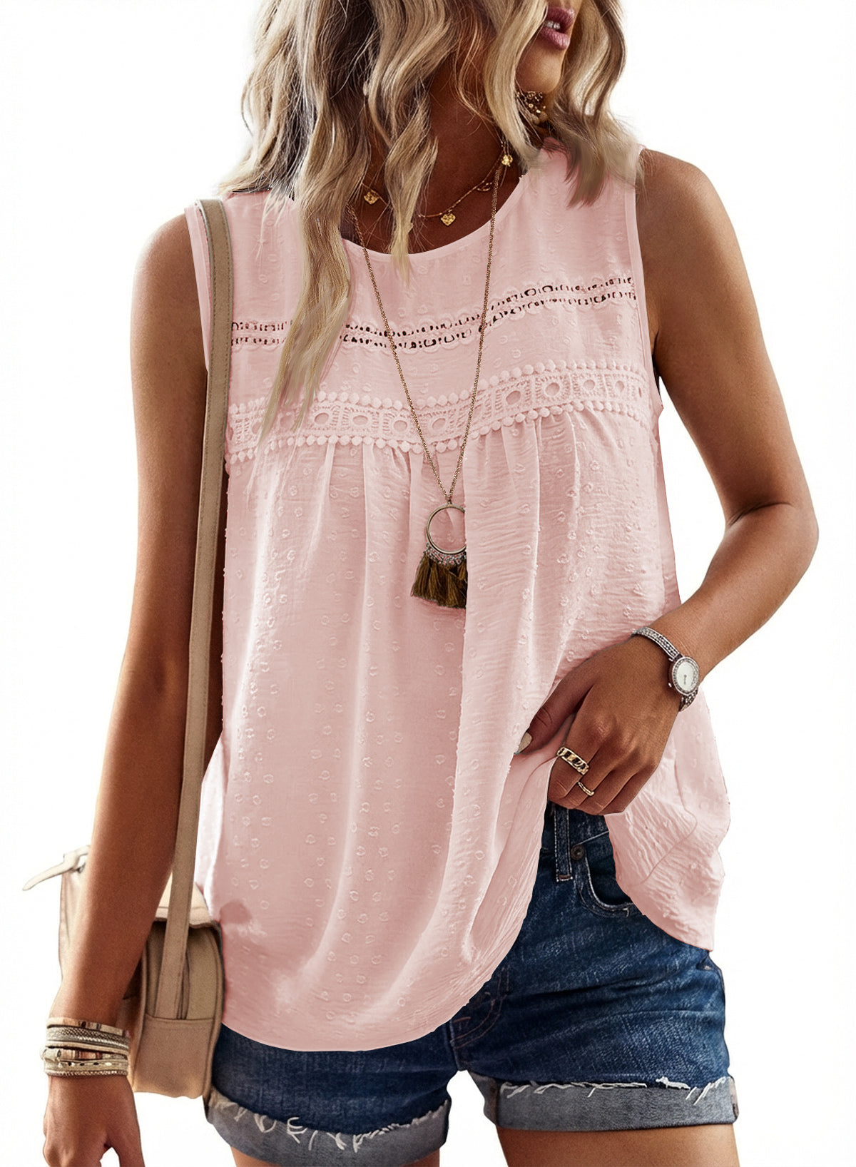 Womens Summer Tops Boho Shirts Crewneck Sleeveless Tank Tops Flowy Lace Hem Casual Blouses