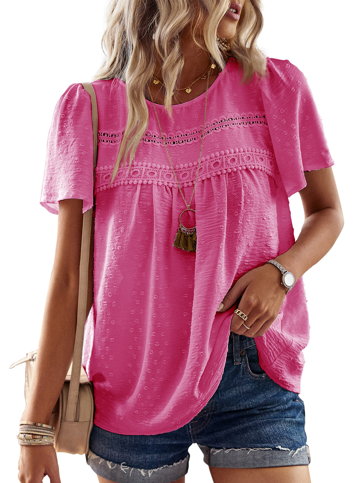 Womens Summer Tops Crewneck Short Sleeve Shirts Flowy Lace Hem Casual Chiffon Blouses