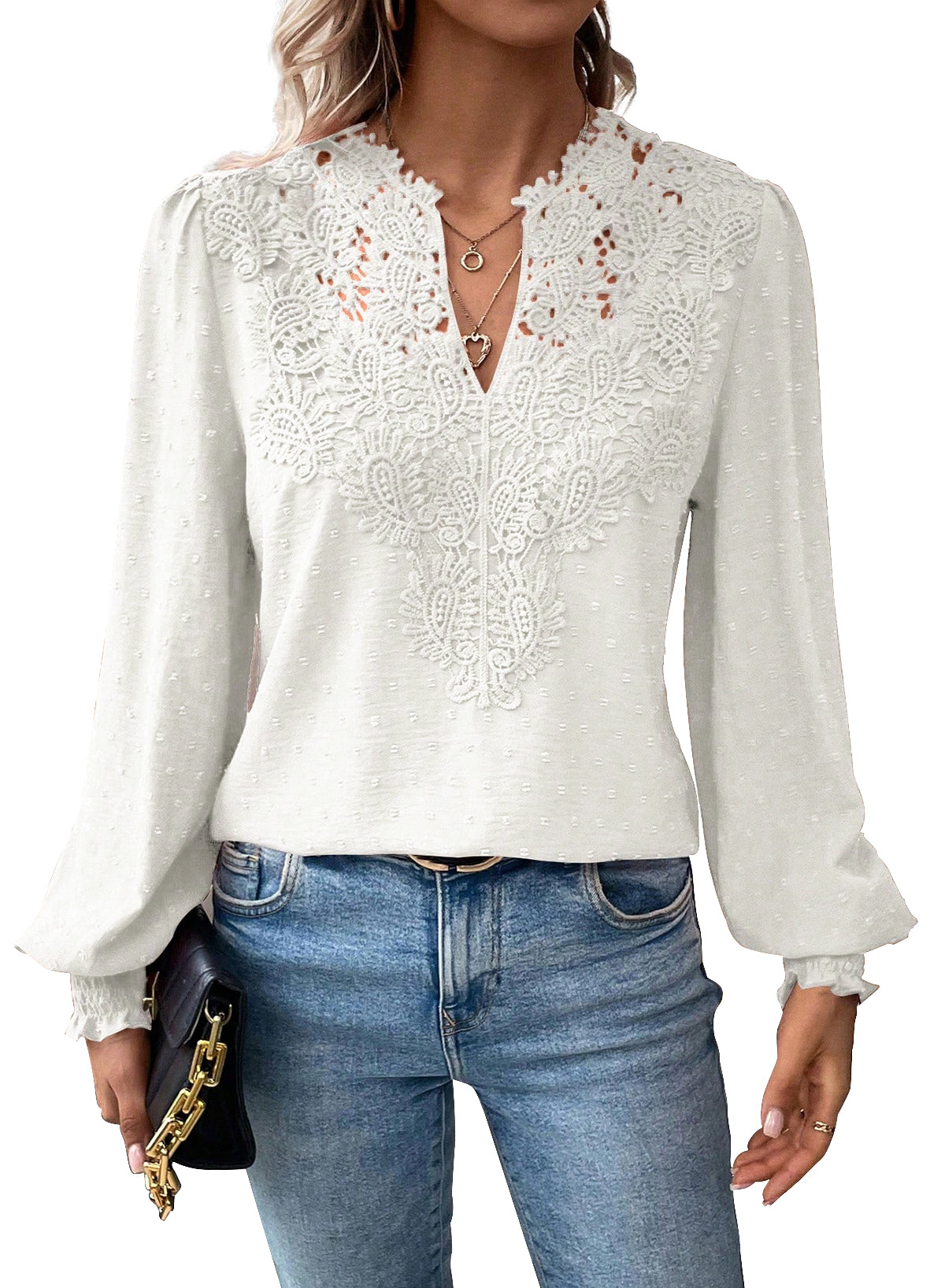 Womens Tops Swiss Dot Boho Long Sleeve Shirts V Neck Casual Chiffon Blouses