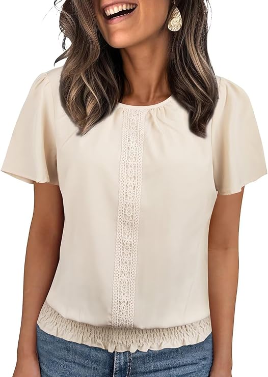 Womens Summer Tops Scoop Neck Ruffle Sleeve Shirts
