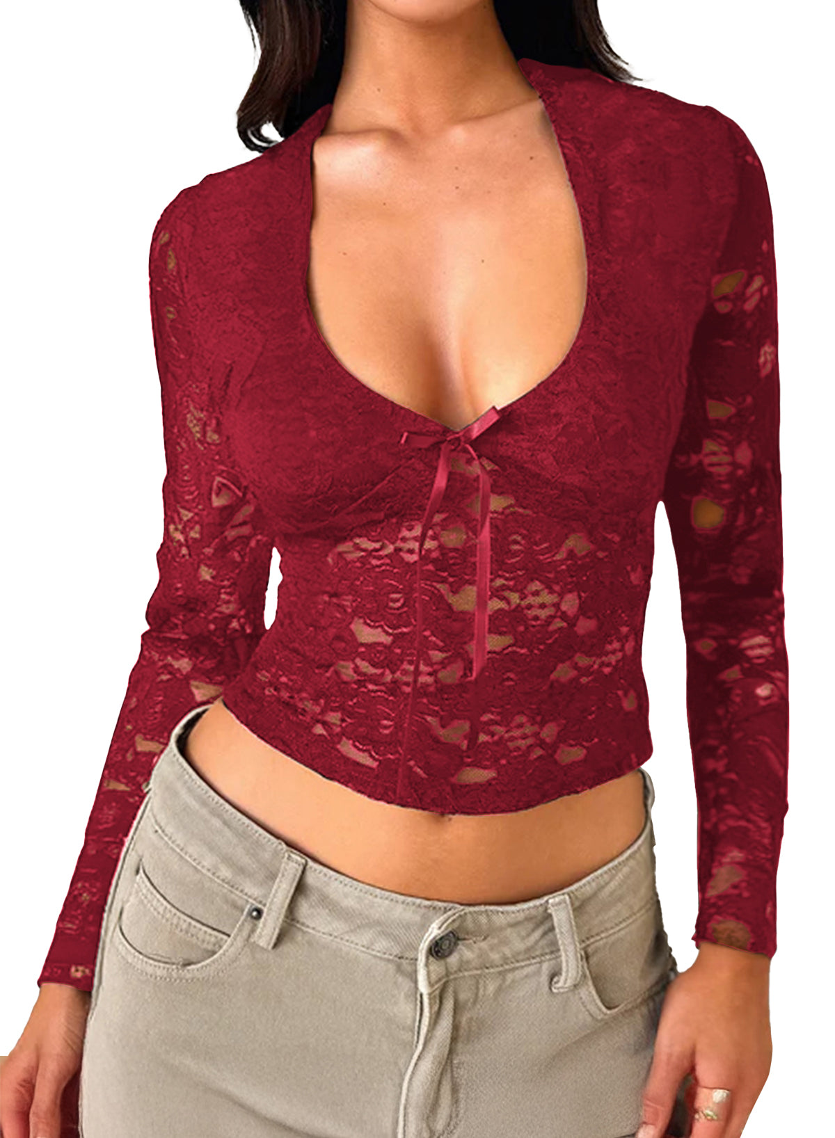 Women's Lace Long Sleeve Shirt Low Cut Y2K Slim Fit