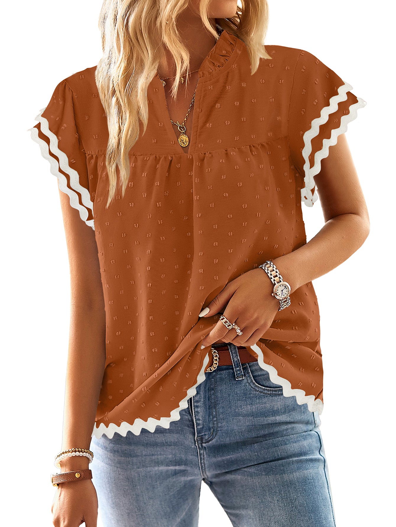 Womens Tops Summer Short Ruffle Sleeve V Neck Blouses Cute Boho Swiss Dot Lace Shirts