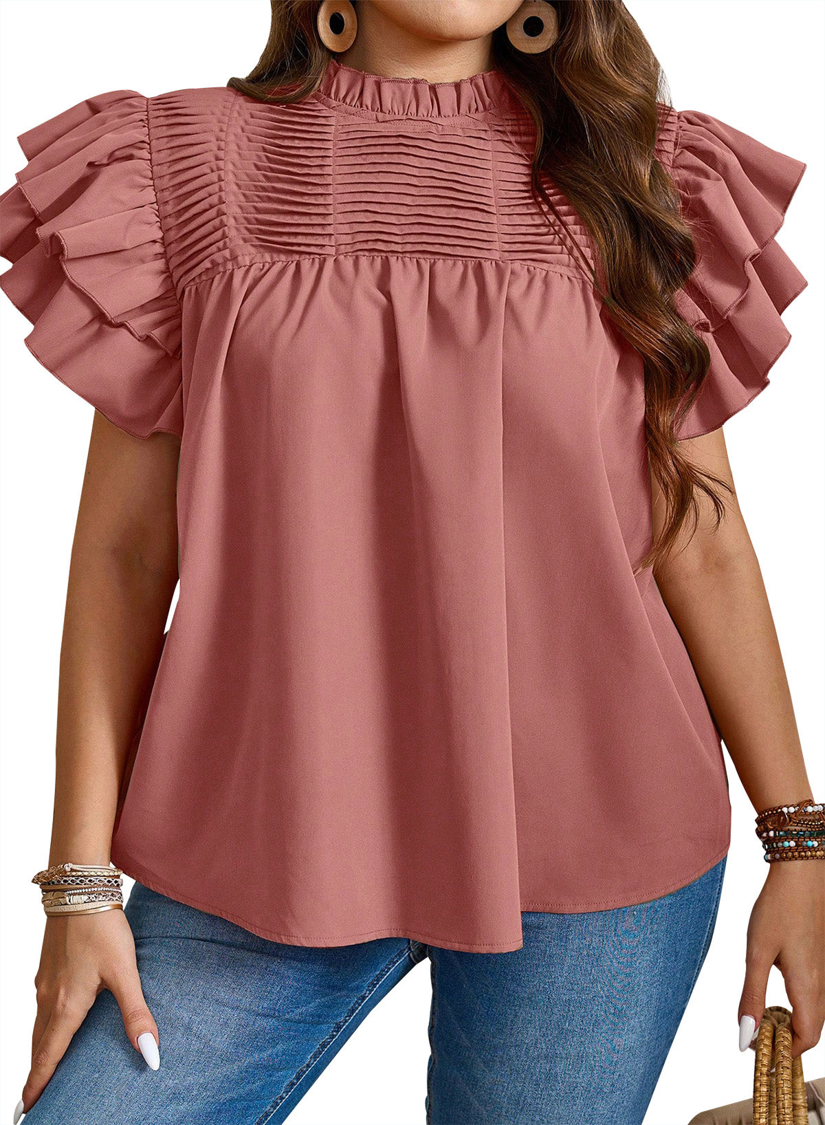 Womens Summer Tops Plus Size Ruffle Sleeve Blouses Dressy Casual Mock Neck