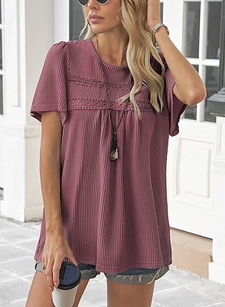 Womens Summer Tops Crewneck Short Sleeve Striped Shirts Casual Ribbed Blouses