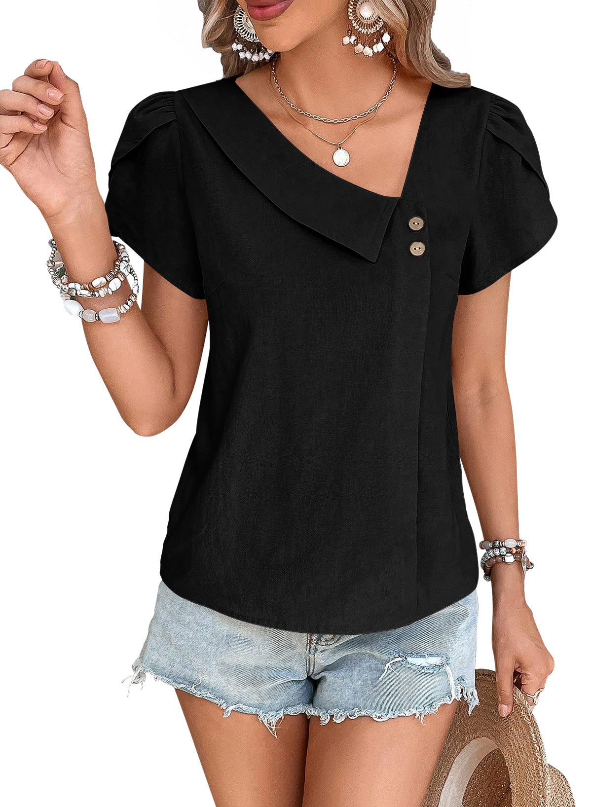 Blouses for Women Dressy Casual Petal Sleeve V Neck Asymmetric Collar Summer Tops