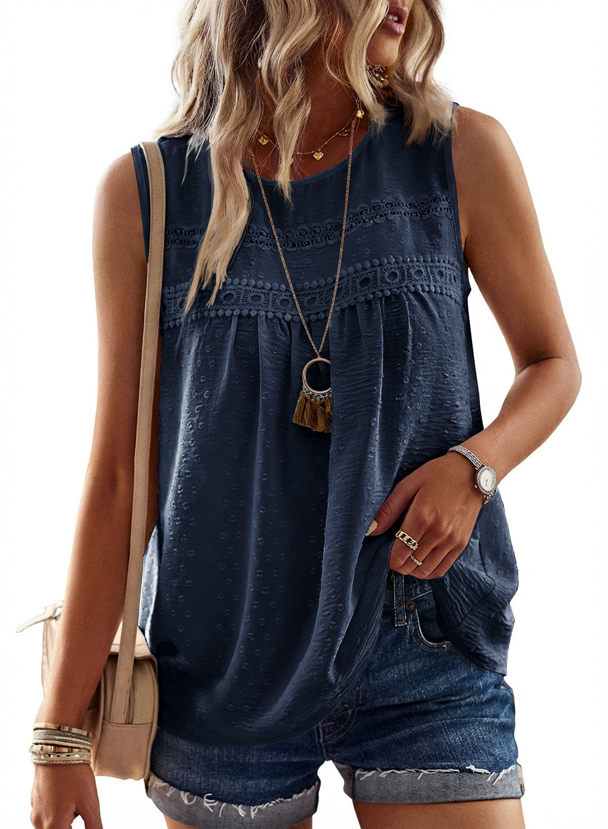Womens Summer Tops Boho Shirts Crewneck Sleeveless Tank Tops Flowy Lace Hem Casual Blouses