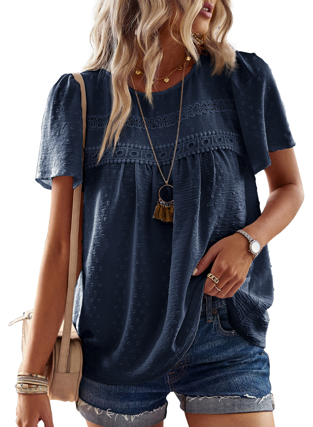 Womens Summer Tops Crewneck Short Sleeve Shirts Flowy Lace Hem Casual Chiffon Blouses