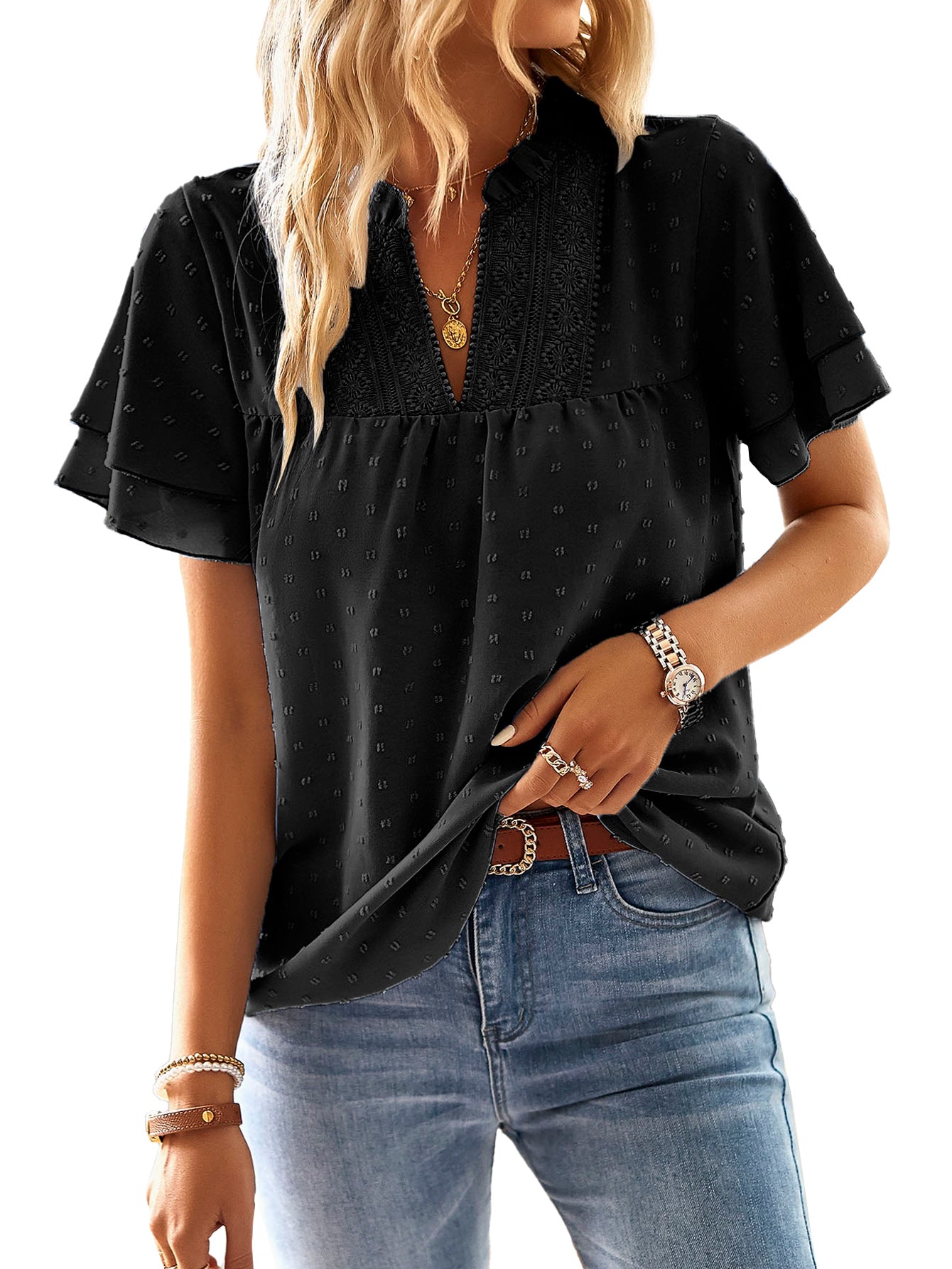 Womens Tops Butterfly Sleeve V Neck Blouses Swiss Dot Flowy Ruffle Short Sleeve Shirts