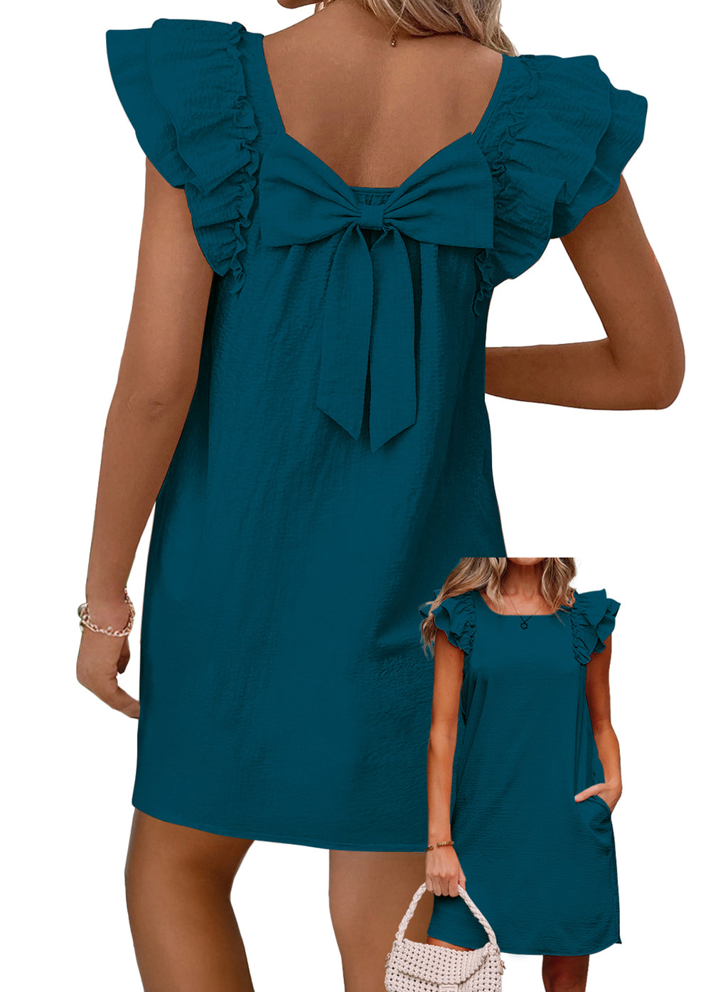 Womens Summer Dresses Bow Tie Back Sundresses for Women Ruffle Short Sleeve Dress
