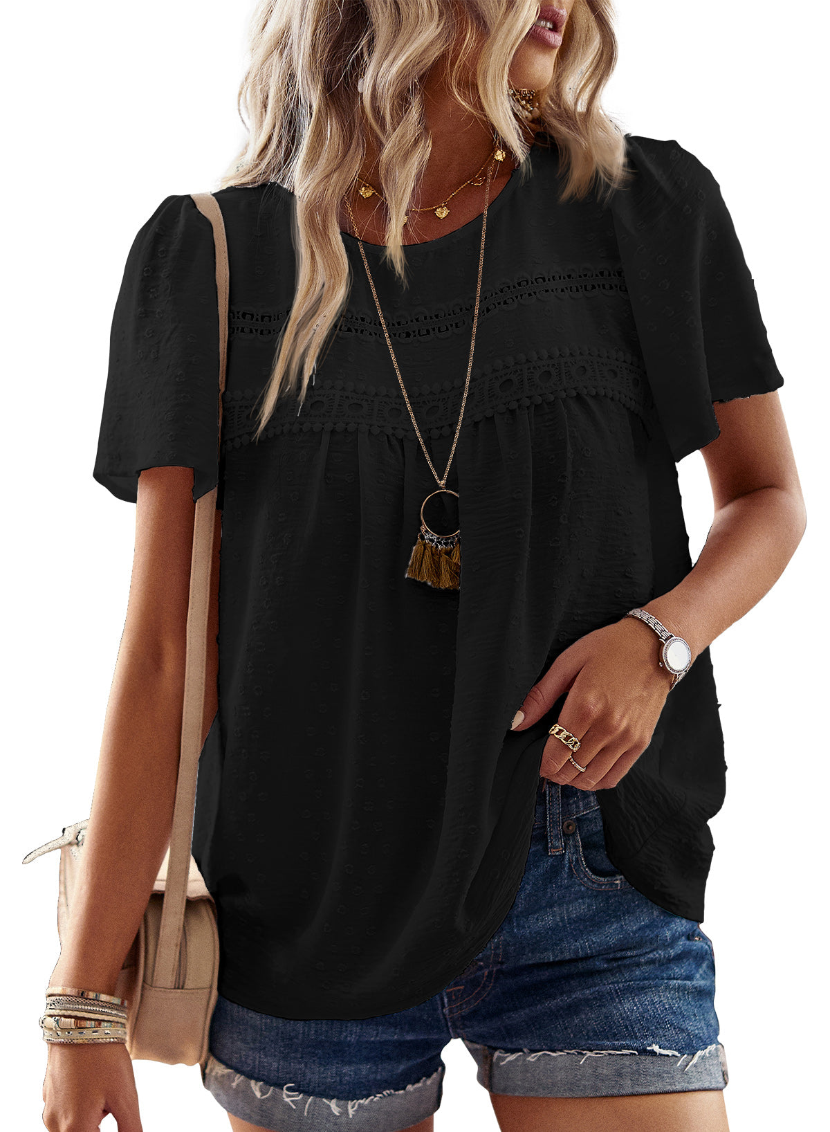 Womens Summer Tops Crewneck Short Sleeve Shirts Flowy Lace Hem Casual Chiffon Blouses