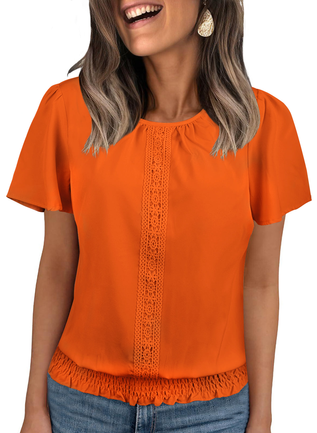 Womens Summer Tops Scoop Neck Ruffle Sleeve Shirts