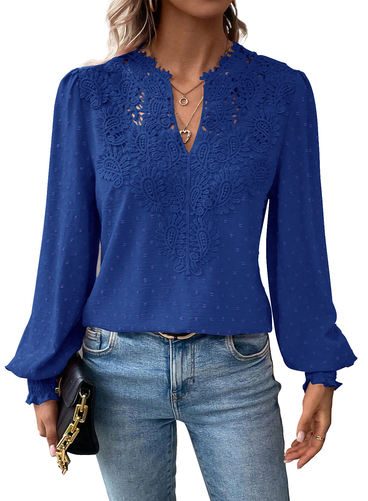 Womens Tops Swiss Dot Boho Long Sleeve Shirts V Neck Casual Chiffon Blouses
